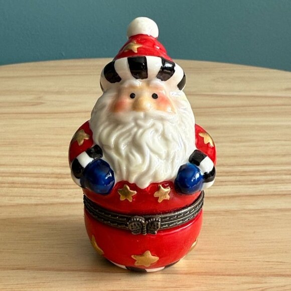 Vintage Hinged Santa Claus Trinket Box Ceramic Figurine w/ Stars Keepsake - Picture 2 of 10